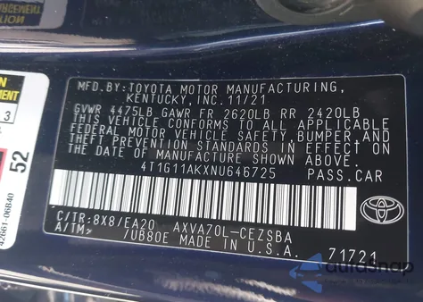 2022 Toyota Camry Se z USA, uszkodzony, nr VIN 4T1G11AKXNU646725